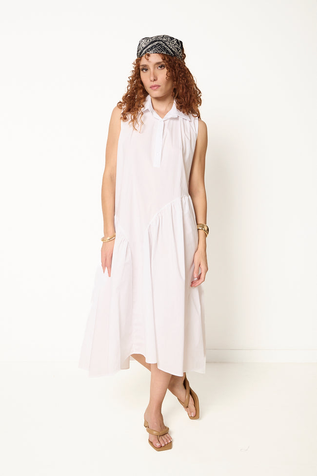 White sleeveless cotton midi dress with collar, partial front button placket and asymmetric gathered skirt panels