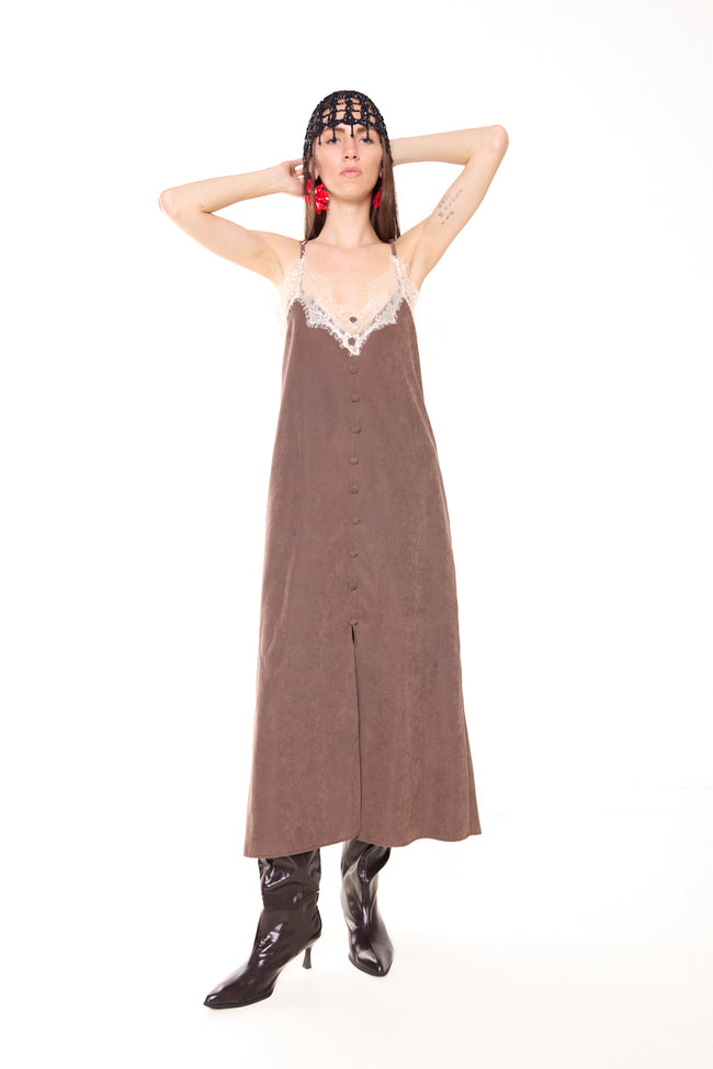 Coffee brown with cream lace velvet-effect long slip dress with V-neckline, eyelash lace neckline trim, thin straps, covered front buttons and front opening; lace cap, boots and earrings styled separately