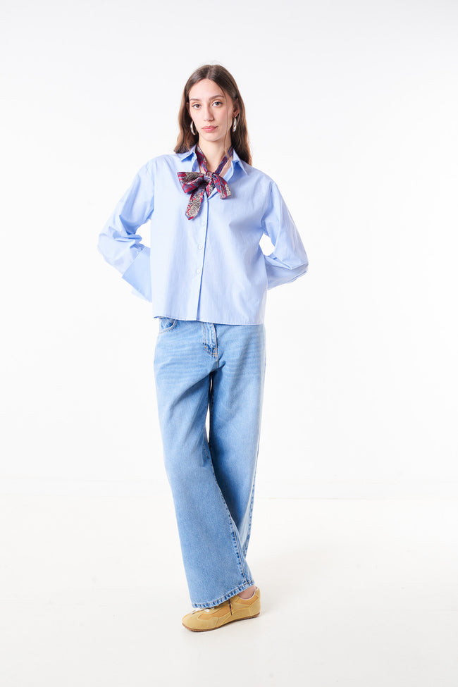 Light blue fine-striped cotton-blend button-front blouse with detachable printed neck scarf, pointed collar and wide cuffs
