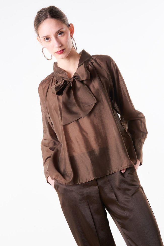 Coffee brown semi-sheer satin-effect cotton-blend blouse with gathered bow-tie neckline and long cuffed sleeves