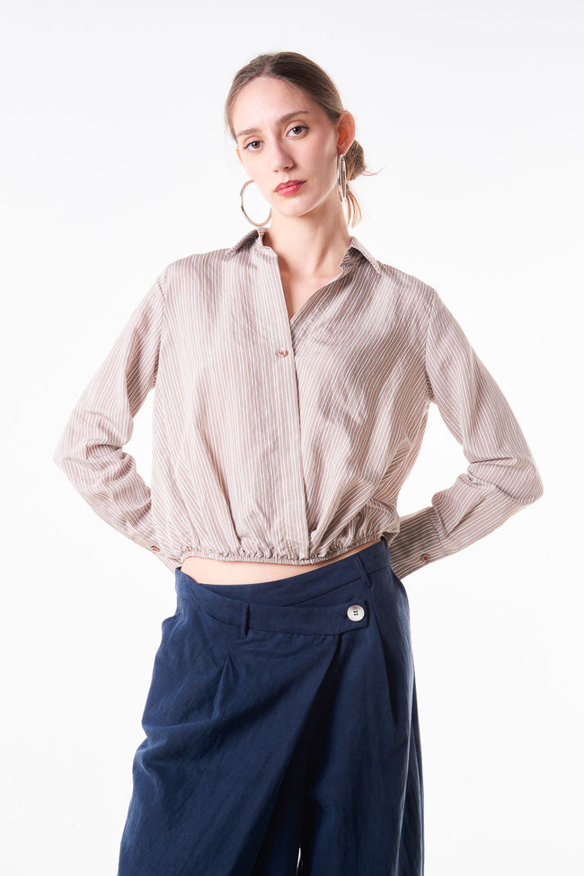 Beige taupe fine-striped viscose-blend cropped wrap-style blouse with pointed collar, long sleeves and elasticated hem