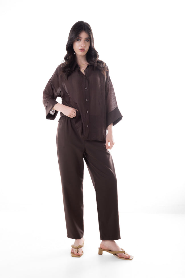 Coffee brown textured oversized shirt with panel seam detail, pointed collar, button front and wide three-quarter sleeves