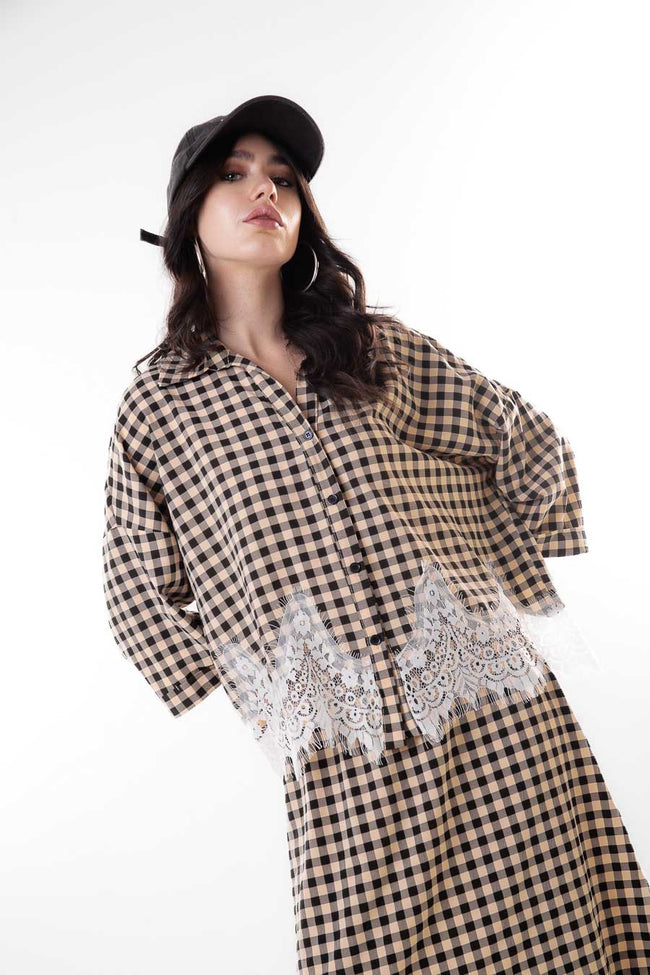 Coffee brown and cream gingham check button-front cropped blouse with pointed collar, floral lace hem and wide three-quarter sleeves