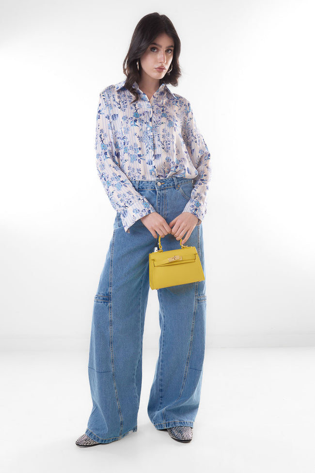 Light blue floral on cream vertical-stripe floral-print shirt with pointed collar, button front and long cuffed sleeves