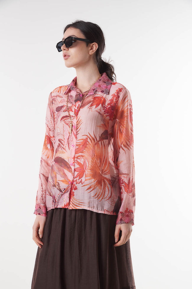 Red pink sheer tropical floral-print lyocell-blend button shirt with pointed collar and long patterned cuffs