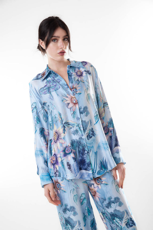 Light blue botanical tropical floral-print viscose shirt with pointed collar, button front and long sleeves