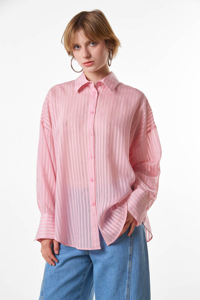 Light pink sheer oversized vertically striped button-front shirt with pointed collar and long cuffed sleeves
