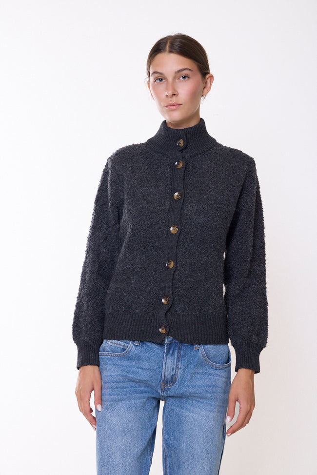 Grey charcoal textured stand-collar button-front knit cardigan with long sleeves and ribbed placket, cuffs and hem; jeans and accessories styled separately