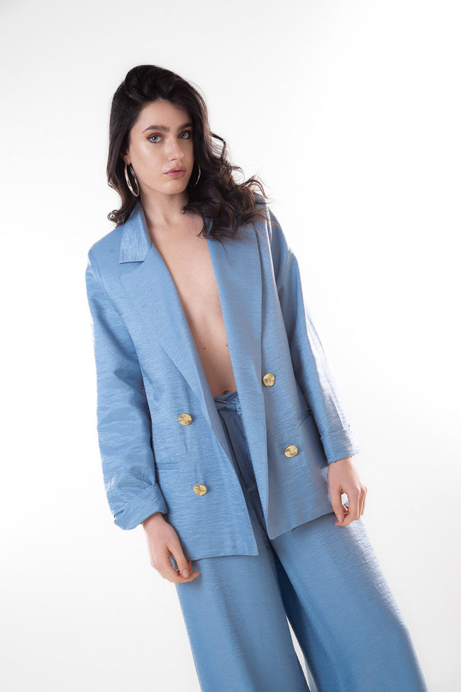 Light blue satin-effect double-breasted viscose-blend blazer with notched lapels and relaxed silhouette