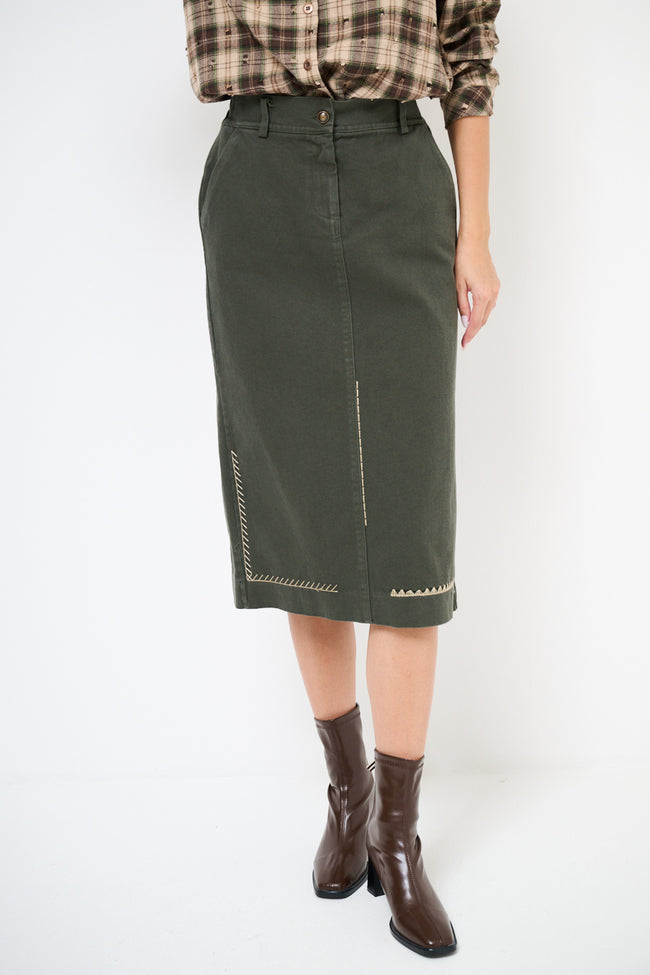 Dark green straight cotton utility midi skirt with side pockets and contrast embroidery