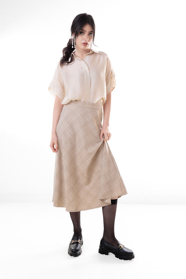 Light beige textured high-waisted flared lyocell midi skirt with clean waistband