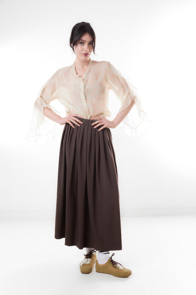 Coffee brown textured high-waisted pleated midi skirt with gathered elasticated waistband