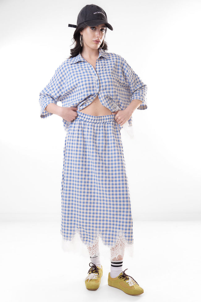 Blue and cream gingham check midi skirt with scalloped hem and floral lace trim