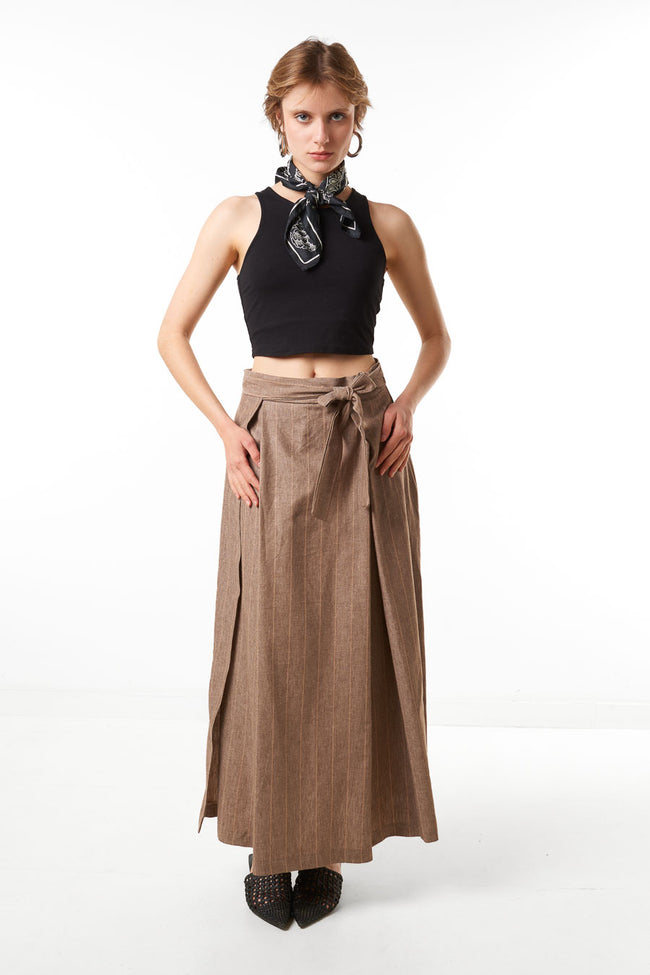 Camel brown pinstripe wrap-front maxi skirt with waist tie