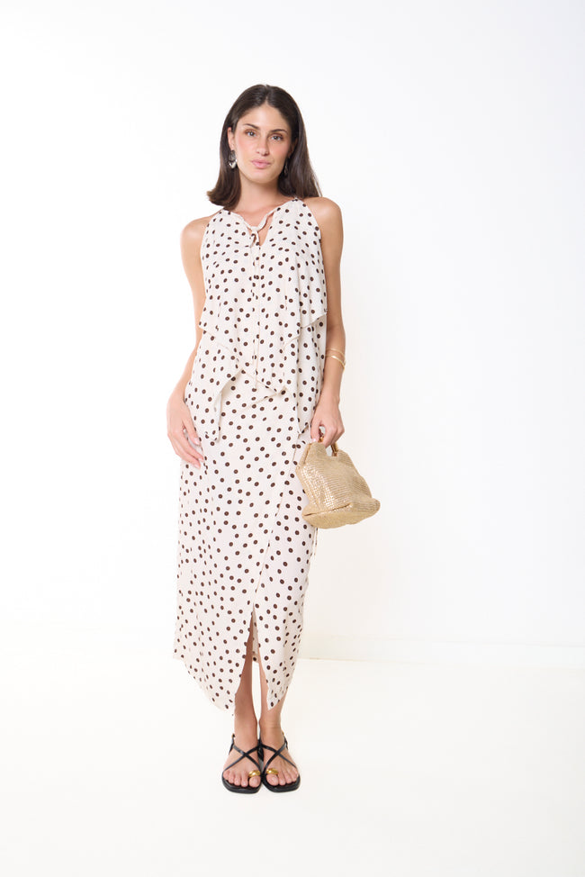 White-cream with dark dots polka dot viscose midi skirt with straight silhouette and slit; matching halter top styled separately