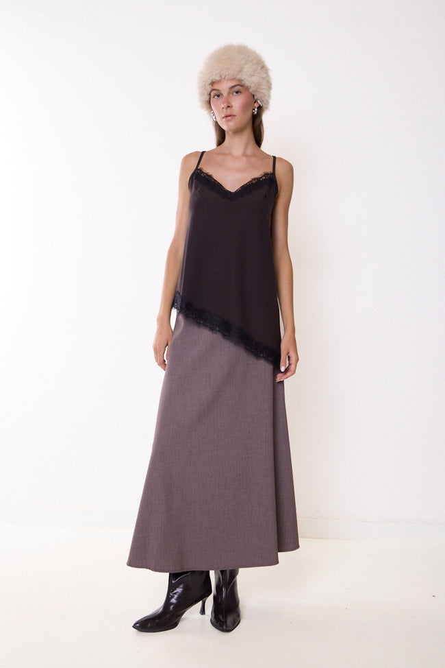 Brown taupe trade colour long flared skirt with plain fabric finish; camisole, striped shirt or lace top and accessories styled separately