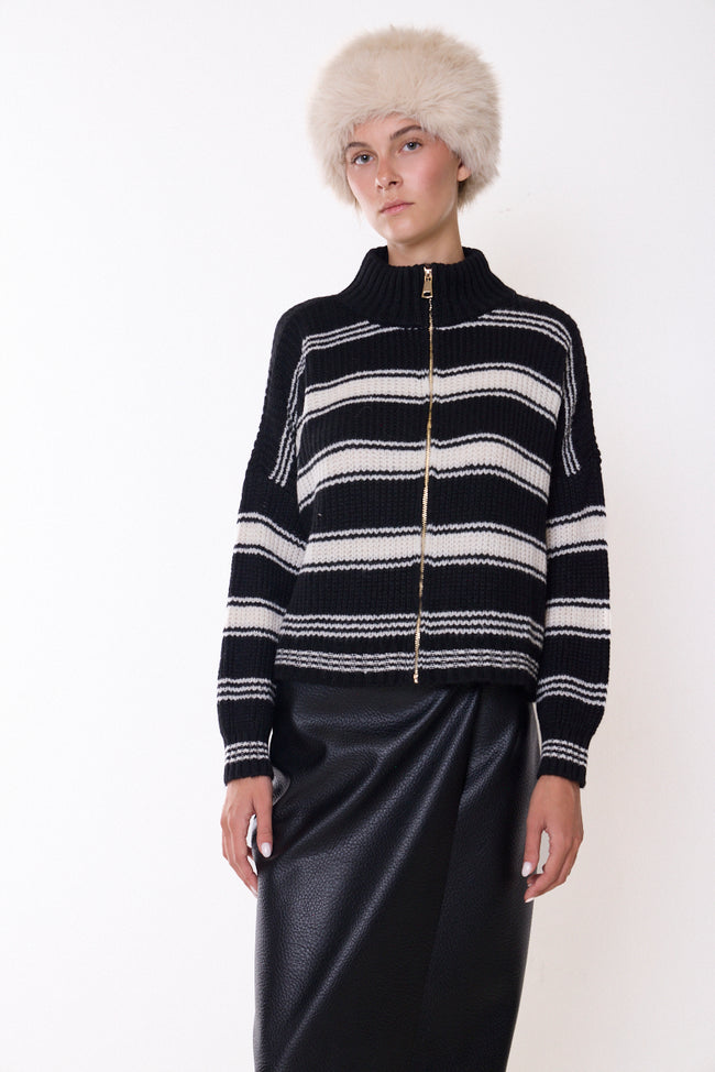 Black and white stripes horizontally striped stand-collar full-zip knit cardigan with long sleeves and ribbed cuffs and hem; skirt and hat styled separately