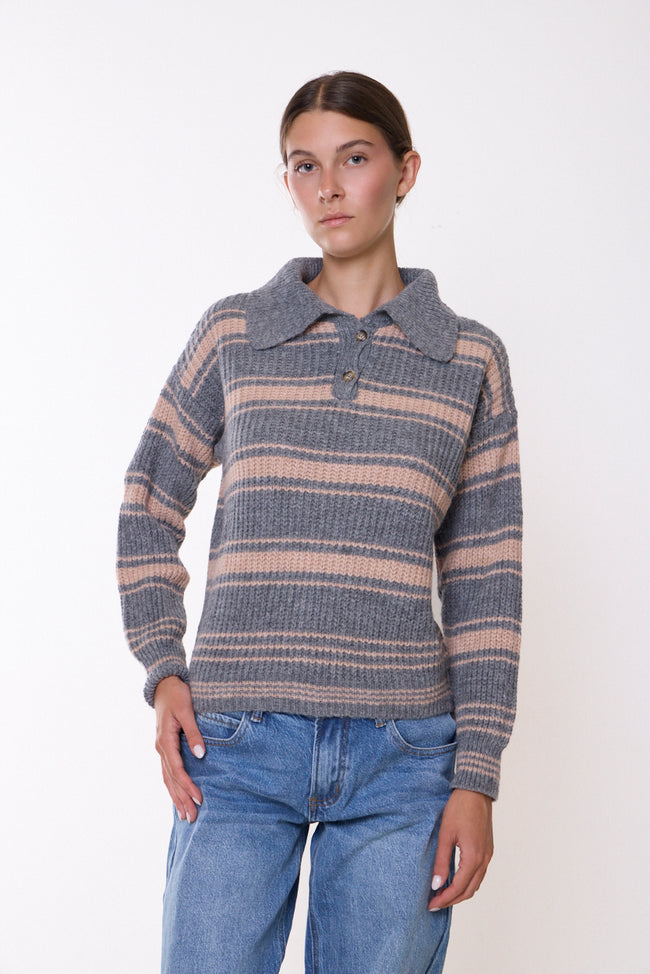 Grey and pink stripes horizontally striped textured knit polo sweater with short button placket, long sleeves and ribbed cuffs and hem; jeans and cap styled separately