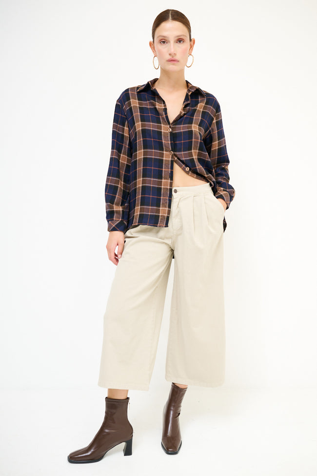 Cream pleated cropped wide-leg cotton-blend trousers