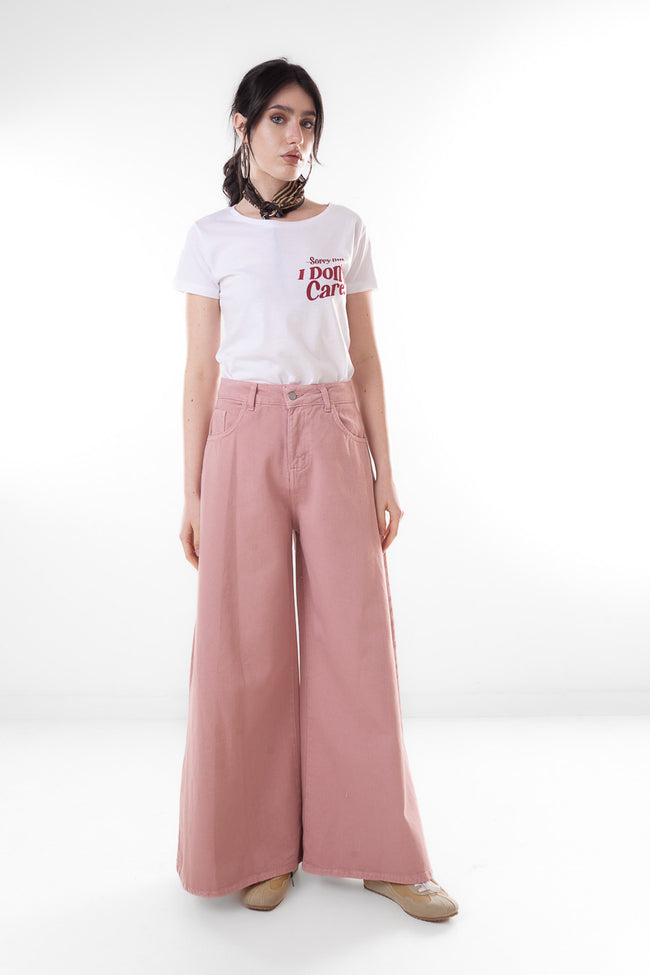 Light pink high-waisted wide-leg cotton denim trousers with five-pocket design, belt loops and button-front closure