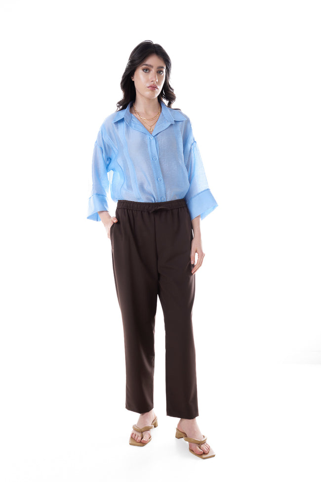 Coffee brown relaxed straight-leg tailored trousers with elasticated drawstring waist and side pockets