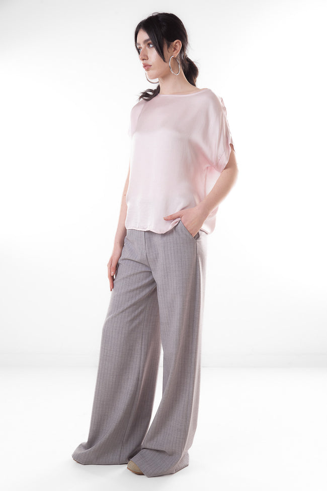 Grey fine-pinstripe high-waisted wide-leg trousers with clean front and side pockets