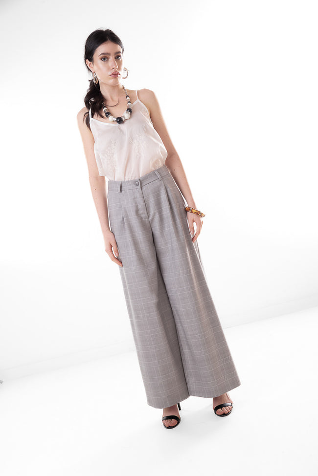 Grey fine-check textured high-waisted wide-leg trousers with front pleats and side pockets