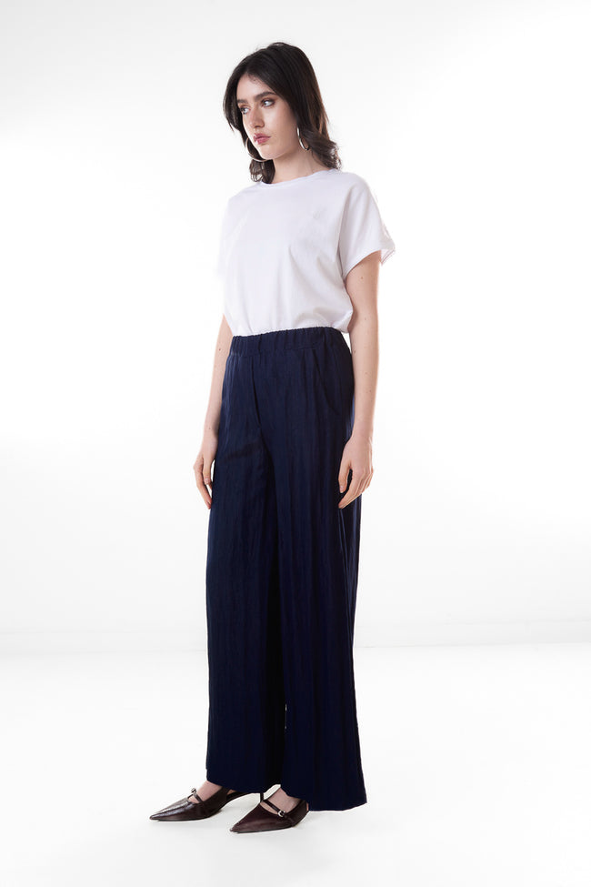 Black textured rayon-blend wide-leg trousers with gathered elasticated waistband and side pockets