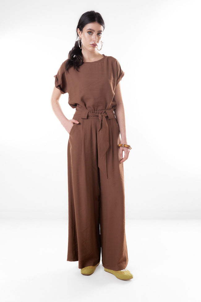 Coffee brown high-waisted wide-leg viscose-blend trousers with tie belt and elasticated waistband