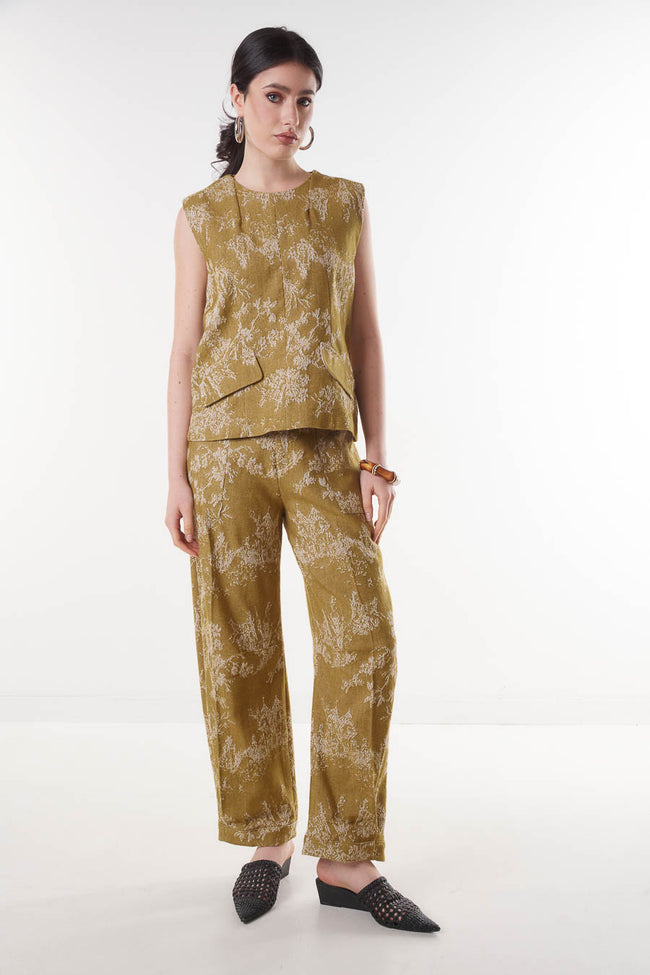 Olive green textured abstract-print cotton-blend ankle-length trousers with relaxed tapered legs, elasticated waist and side pockets