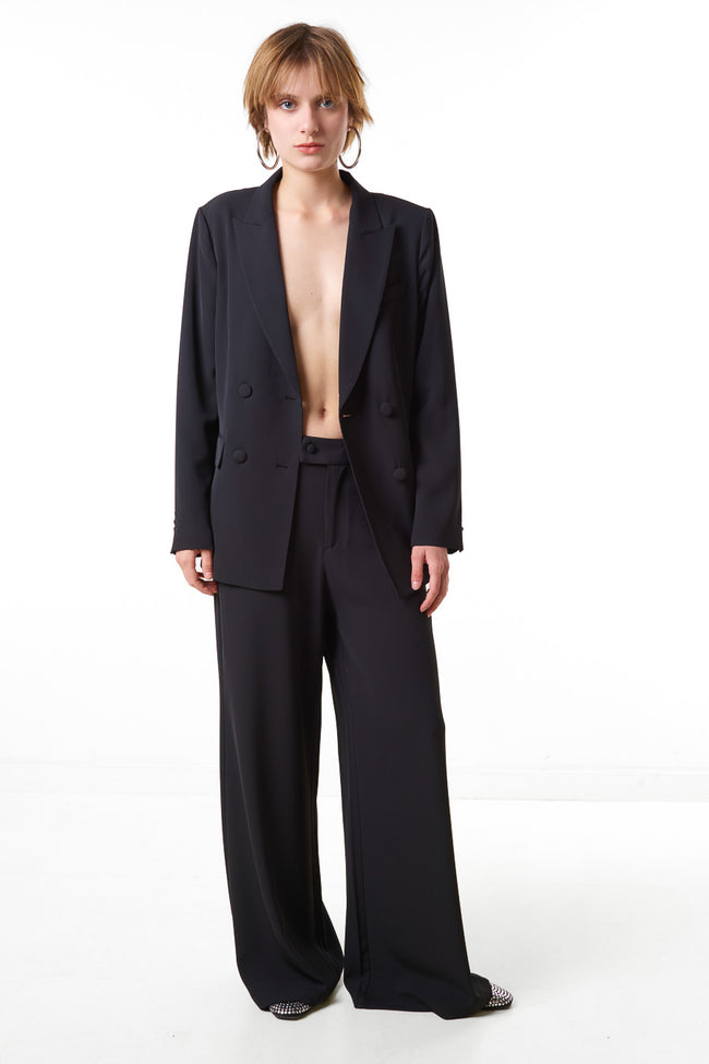 Black high-waisted wide-leg tailored trousers with front pleats