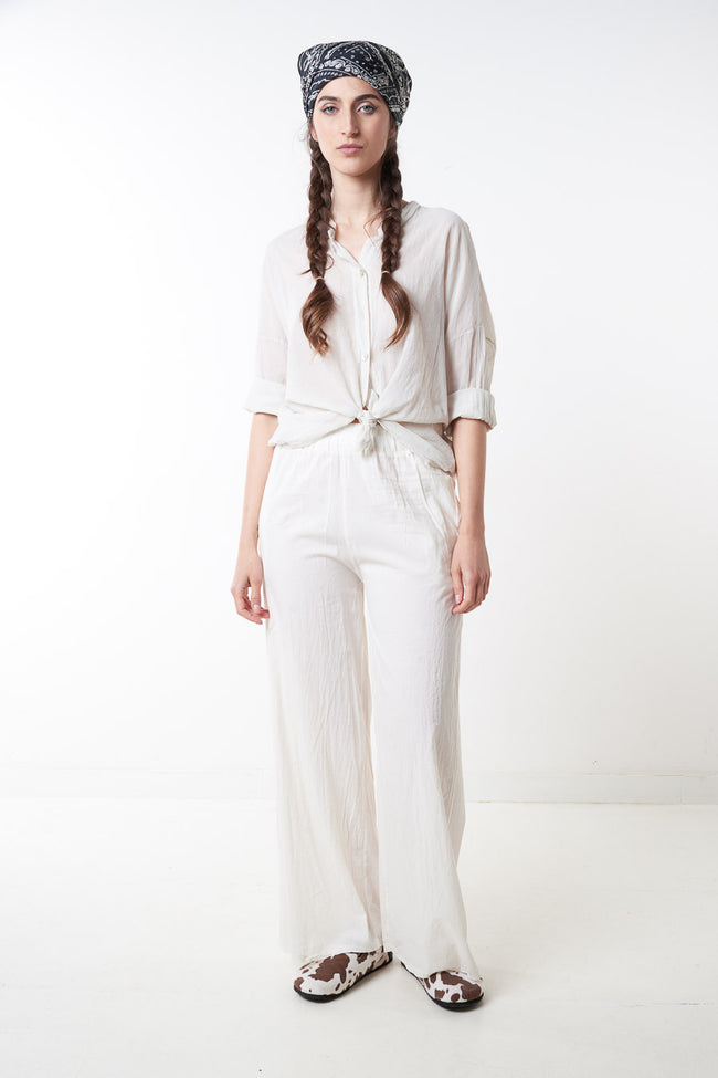 White elastic-waist relaxed wide-leg cotton trousers