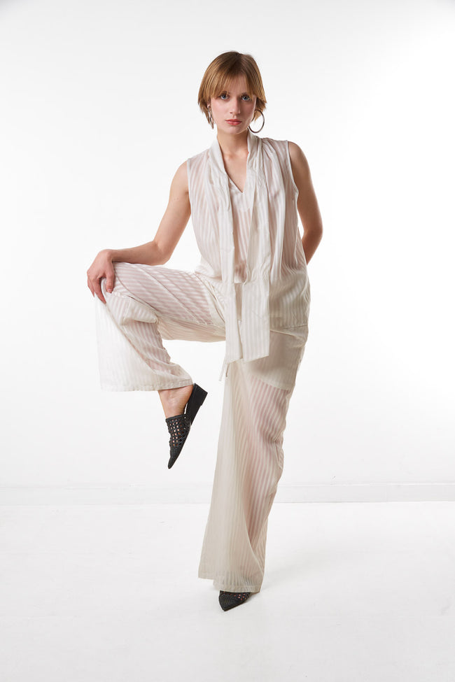 Ivory white sheer vertically striped wide-leg trousers