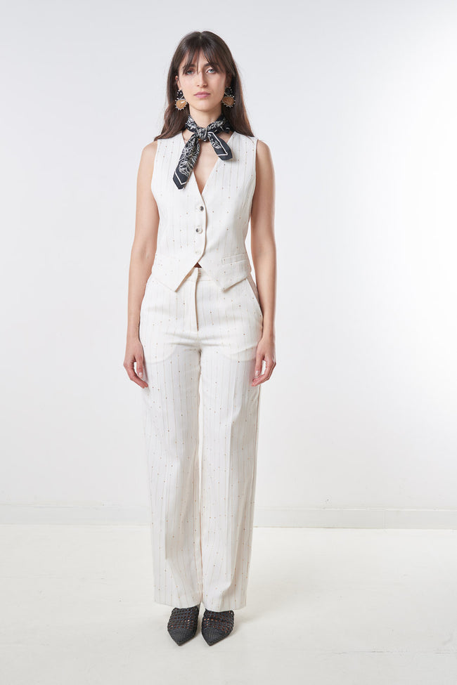 Ivory-white pinstripe high-waisted tailored wide-leg trousers