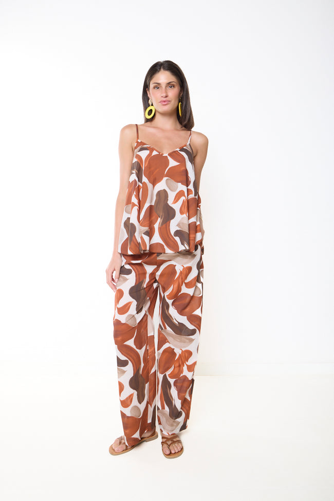 Burnt orange, brown and cream abstract botanical-print cotton full-length trousers with wide straight legs; matching camisole styled separately
