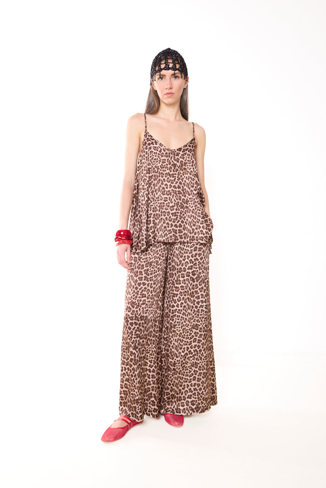 Coffee brown and black leopard-print viscose satin-effect wide-leg trousers with side pockets and full-length legs; matching camisole, lace cap and bracelets styled separately