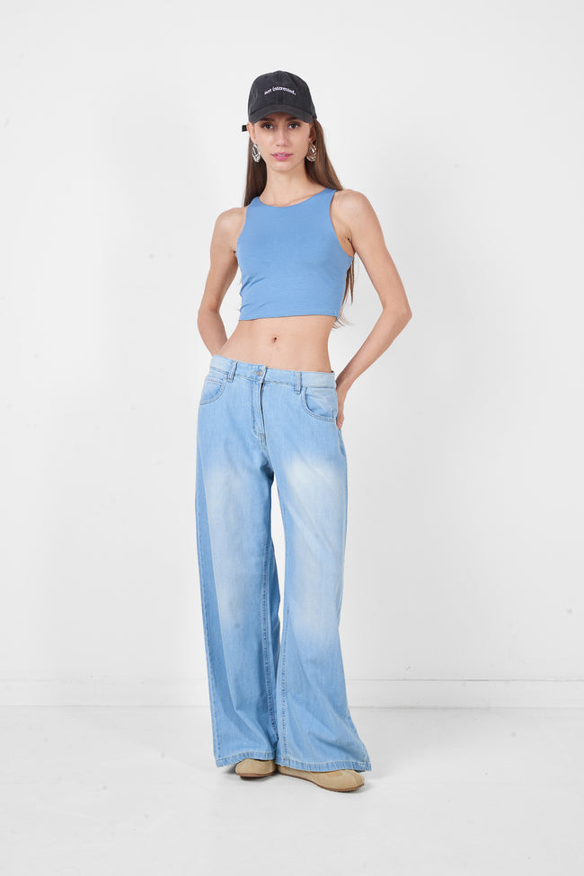 Denim blue fitted sleeveless ribbed crop top with a high round neckline
