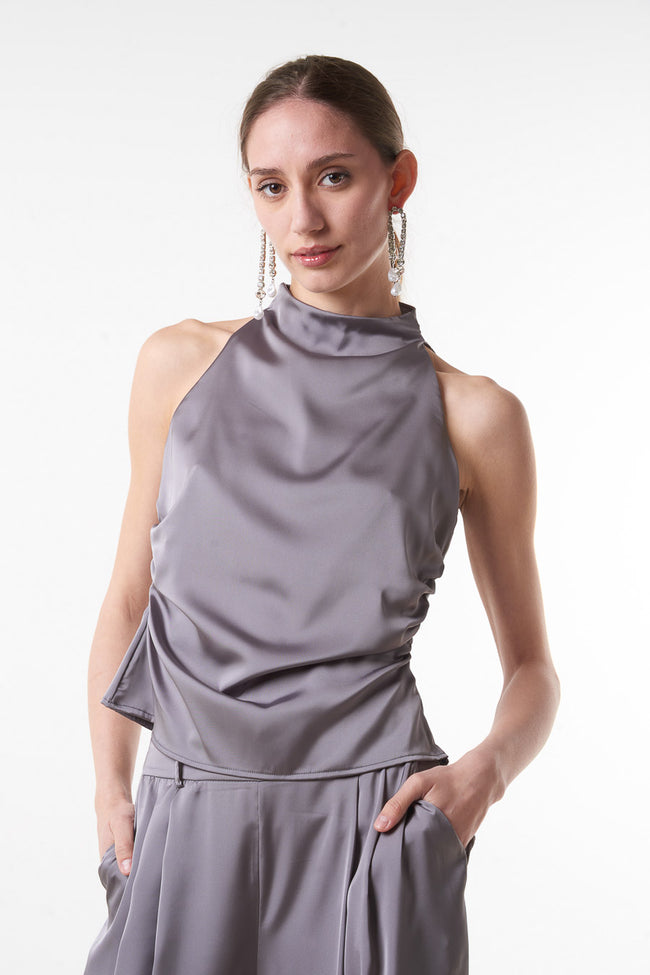 Grey satin sleeveless high-neck halter top with front draping and side gathers