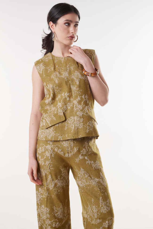 Olive green textured abstract-print sleeveless top with round neckline, extended shoulders and front flap-style pocket panels