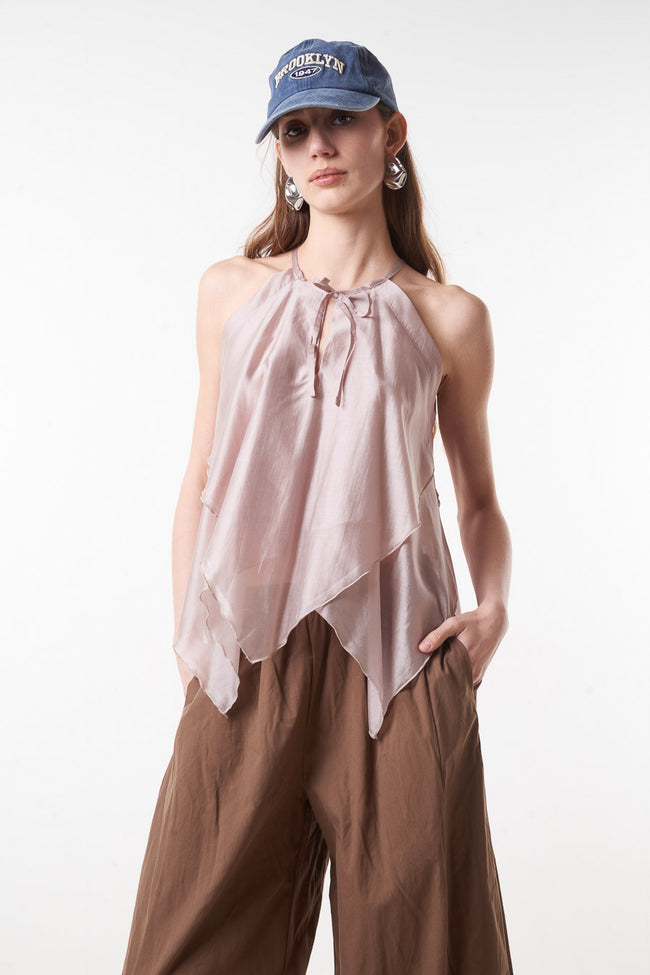 Beige pink flowing layered-front Tencel-blend halter blouse with neck tie detail and sleeveless cut