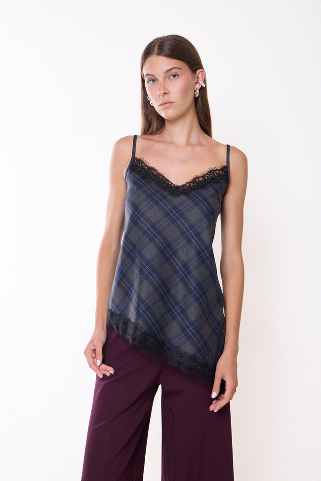 Blue and grey plaid diagonal-plaid V-neck camisole with lace neckline and lower hem edging, narrow adjustable straps and asymmetric hem; trousers or long skirt, hat and jewellery styled separately