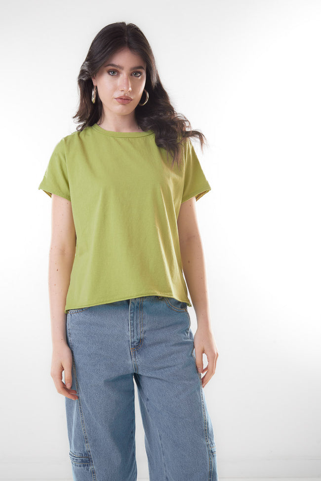 Light olive green plain cotton-blend relaxed-fit round-neck short-sleeve T-shirt with dropped shoulders