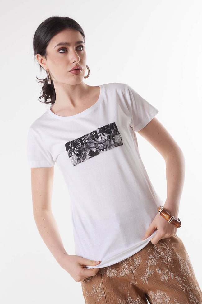 White cotton short-sleeve round-neck T-shirt with a black lace-textured chest panel and merci detail
