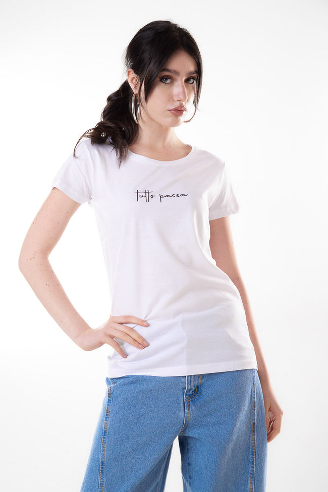 White cotton round-neck short-sleeve T-shirt with black Tutto passa script