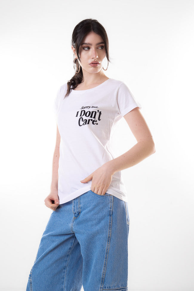White cotton round-neck short-sleeve T-shirt with black Sorry but I don’t care slogan