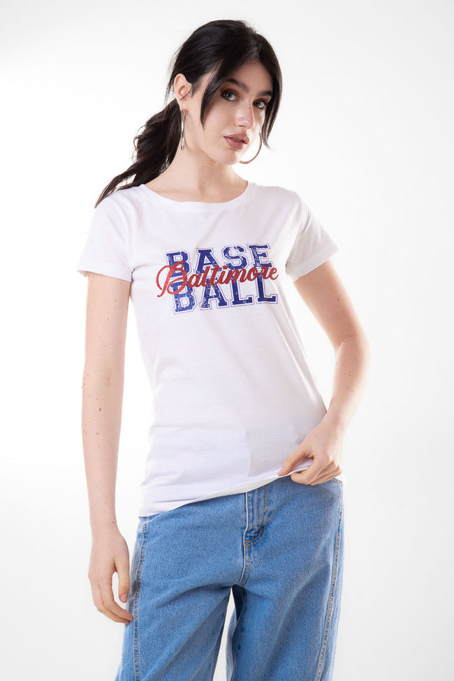 White cotton round-neck short-sleeve T-shirt with blue and red Base ball Baltimore varsity-style graphic