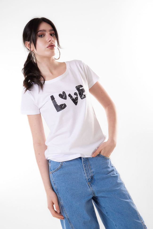 White with black graphic round-neck short-sleeve cotton T-shirt with distressed Love print and heart details