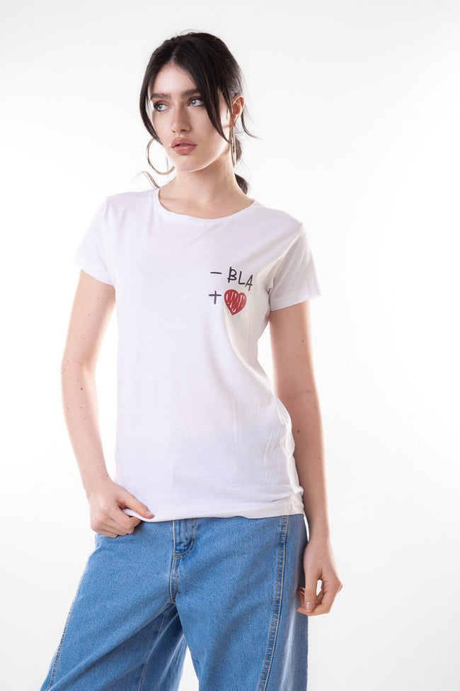 White cotton short-sleeve round-neck T-shirt with small Bla chest print, plus sign and red heart detail