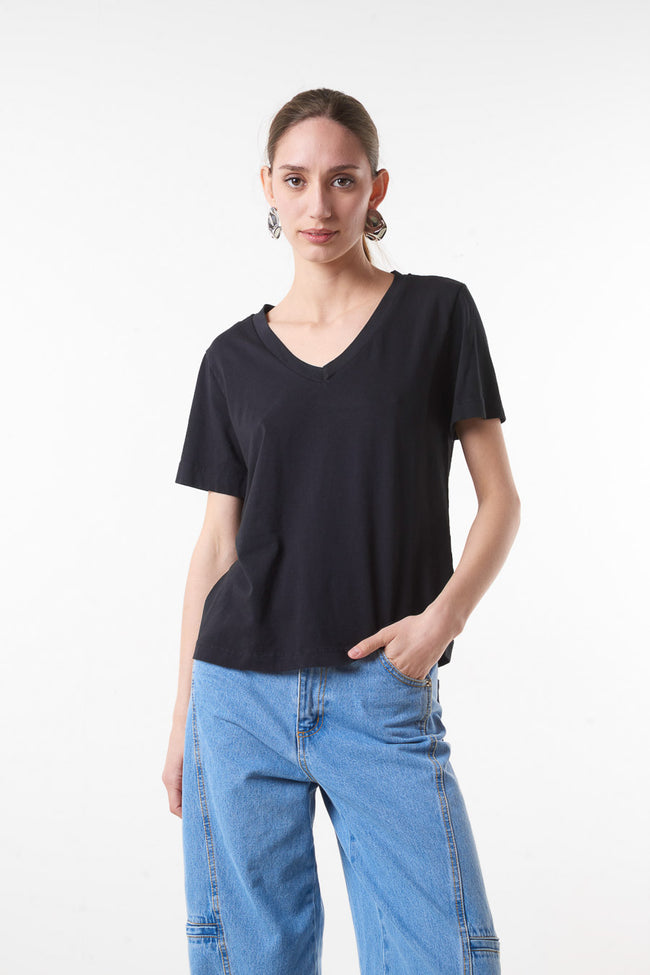 Black relaxed cotton-blend V-neck short-sleeve T-shirt