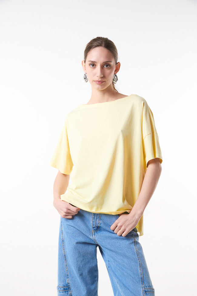 Yellow oversized cotton-blend T-shirt with wide round neckline, dropped shoulders and wide short sleeves